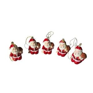 Lot of 5 Vintage Santa Mini Ornaments Kneeling Toy Bag Retro Resin 1-1/2"